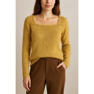 Women's Mohair Blend Knit Sweater Sz XS Mustard Yellow Boho Soft Cozy Layering